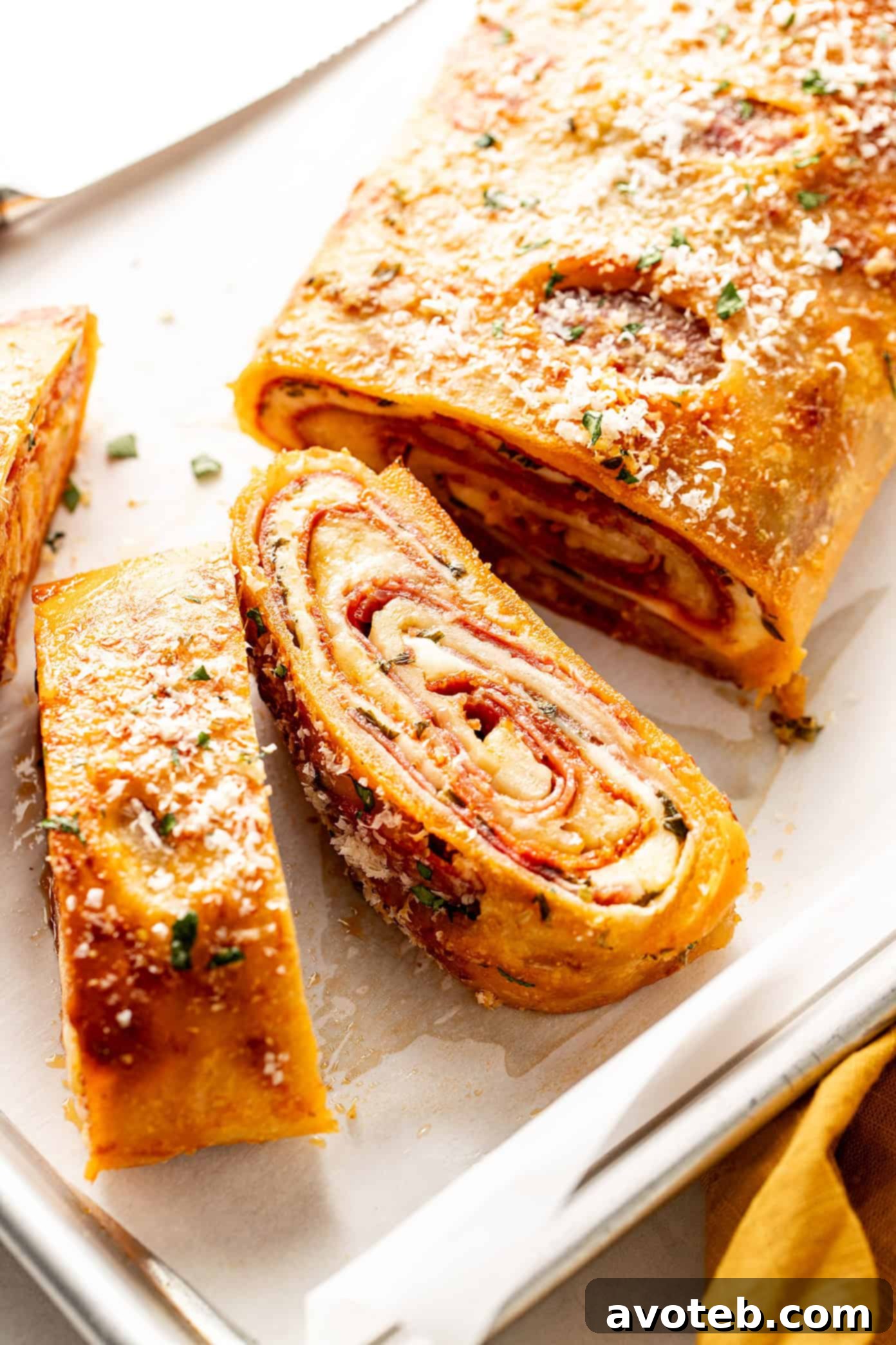 Sliced stromboli showing the filling