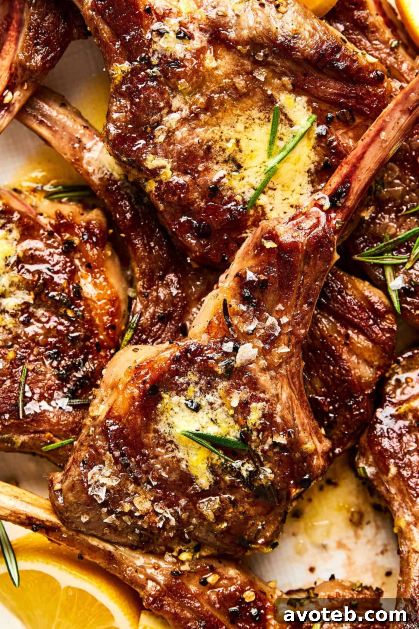 Close-up of lamb chop texture and lemon butter
