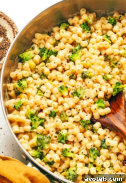 Creamy Broccoli Pasta in a skillet, ready to be served.