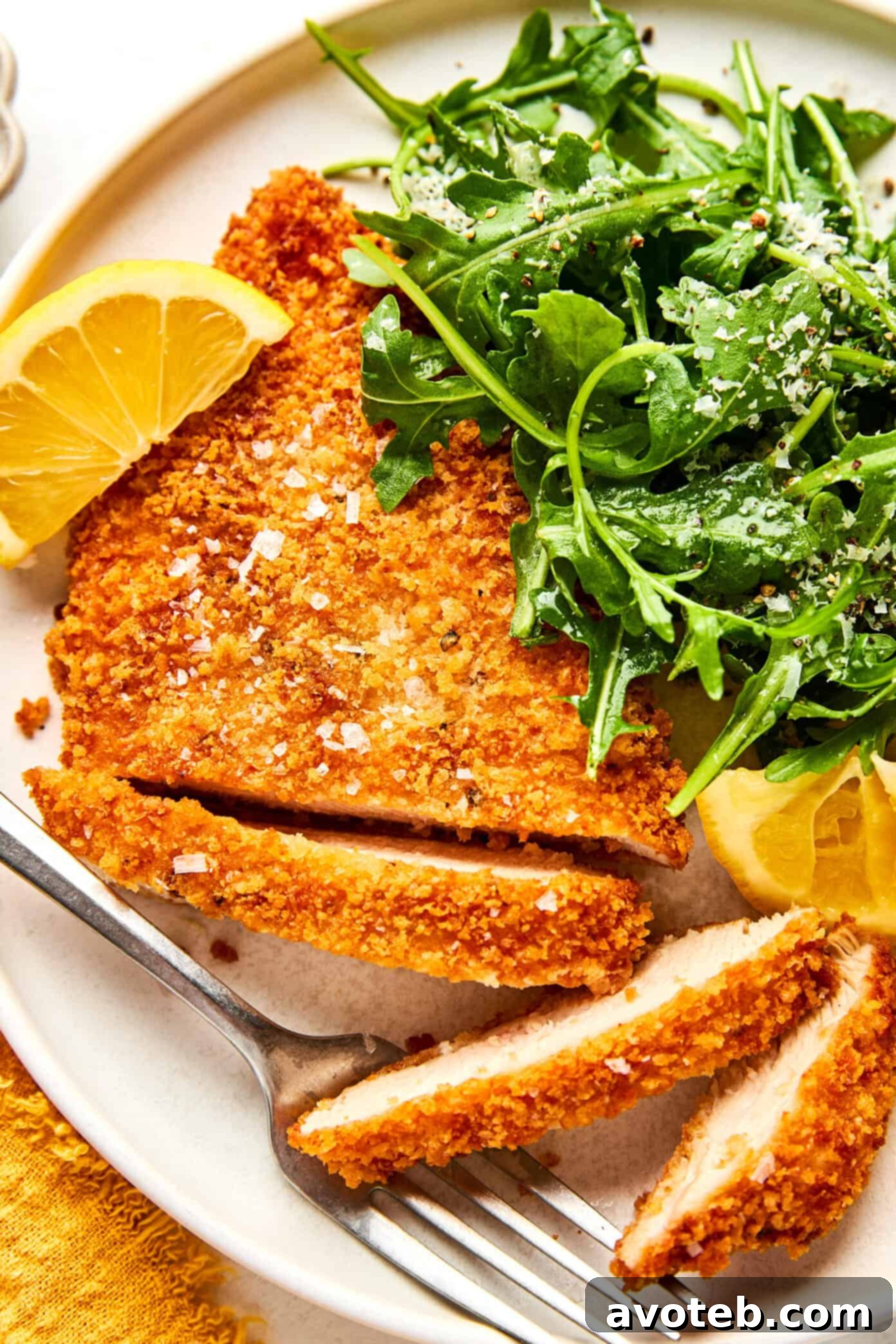 Golden-brown Crispy Chicken Milanese cutlets on a plate, garnished with lemon wedges and fresh parsley.