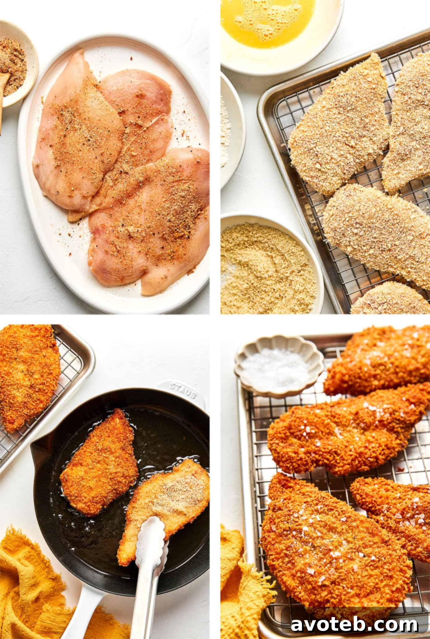 A close-up of a stack of Crispy Chicken Milanese cutlets, showing off their golden-brown, textured crust.