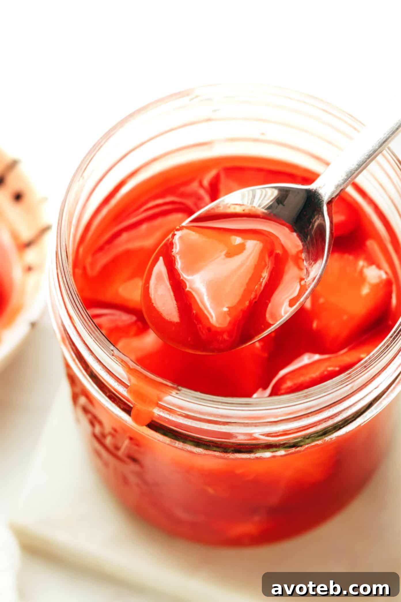 A bowl of fresh strawberries, a saucepan with simmering sauce, and a wooden spoon, illustrating the process of making strawberry sauce.