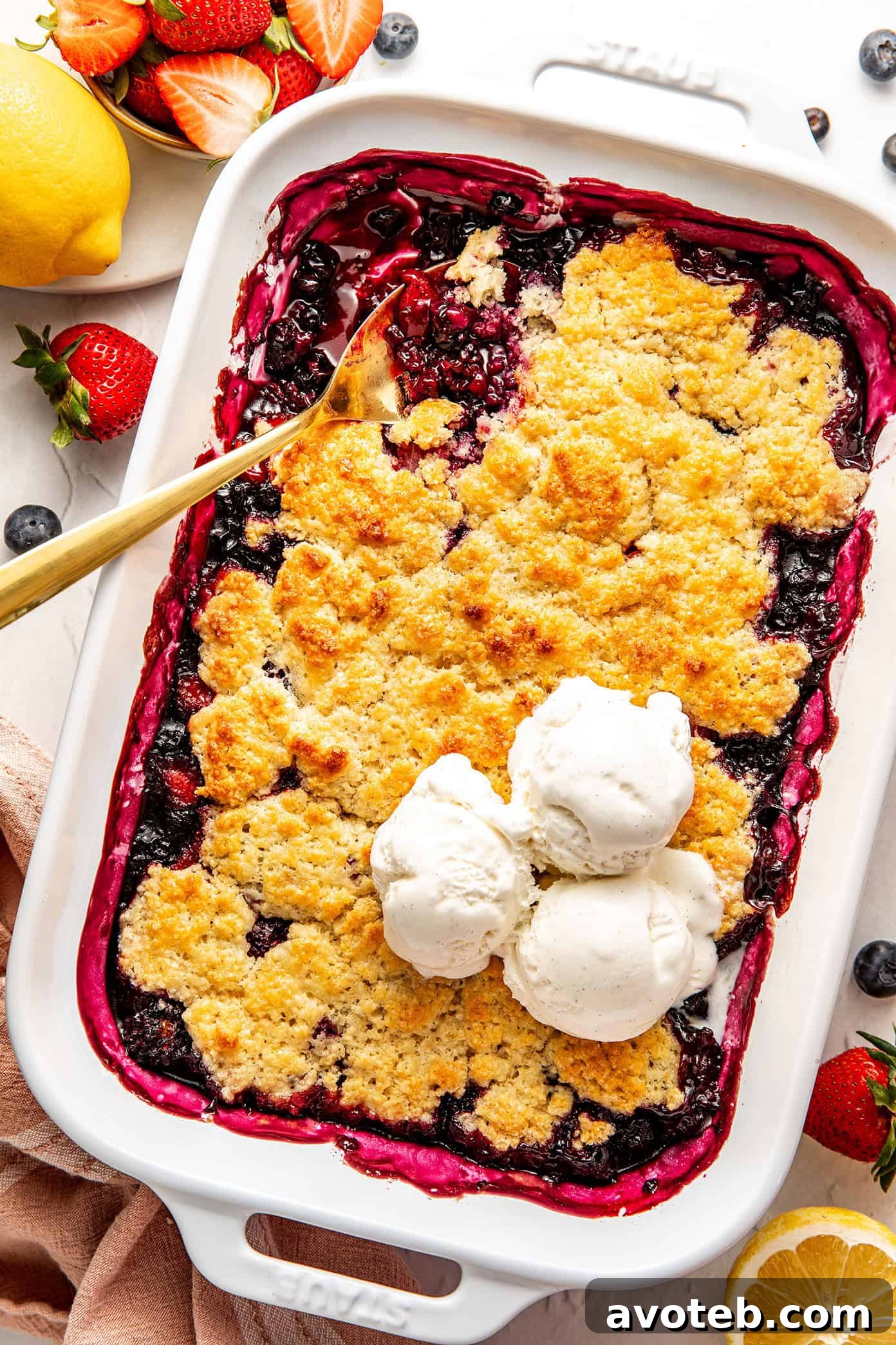lemon berry cobbler in pan