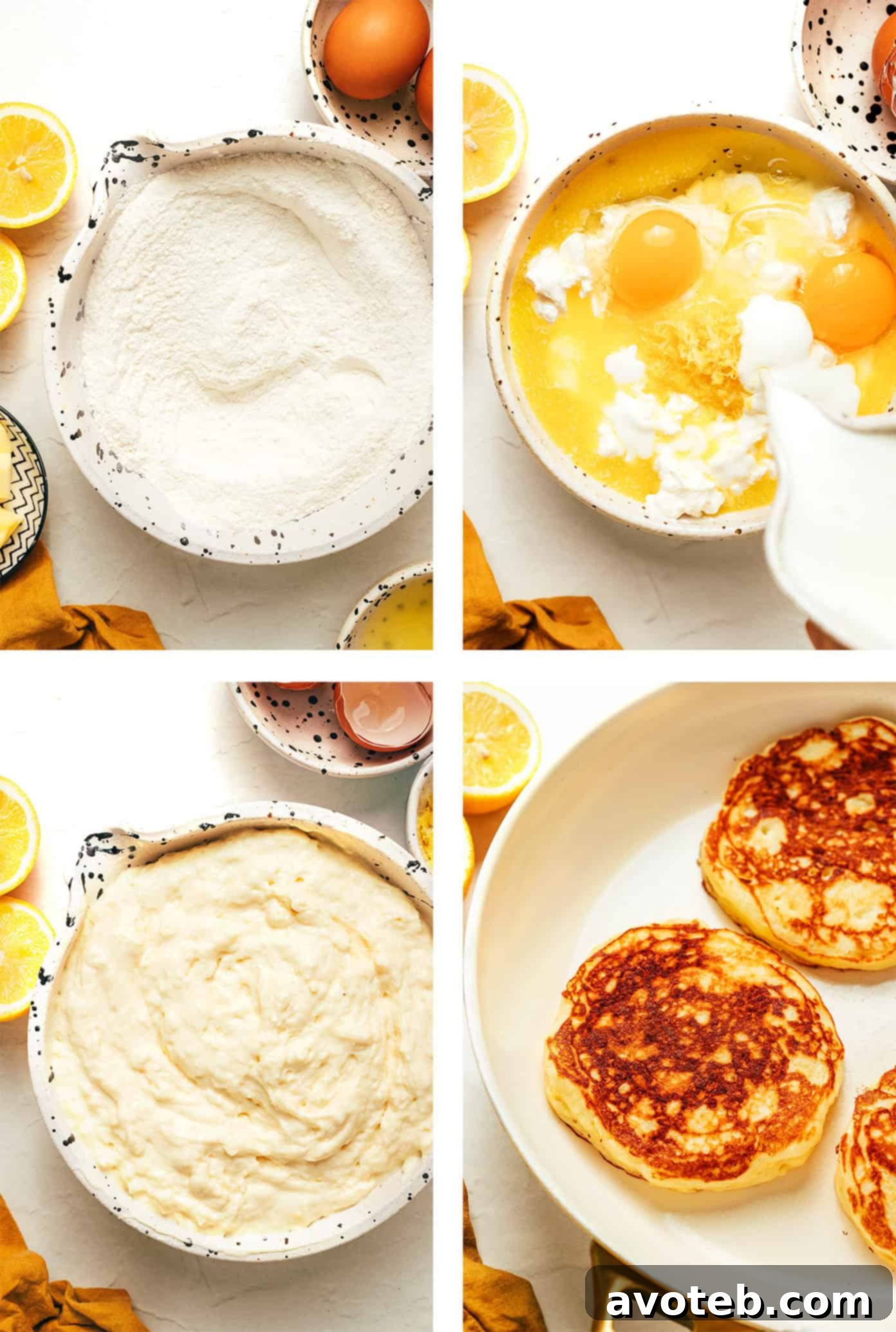 A golden-brown lemon ricotta pancake being flipped in a nonstick pan.