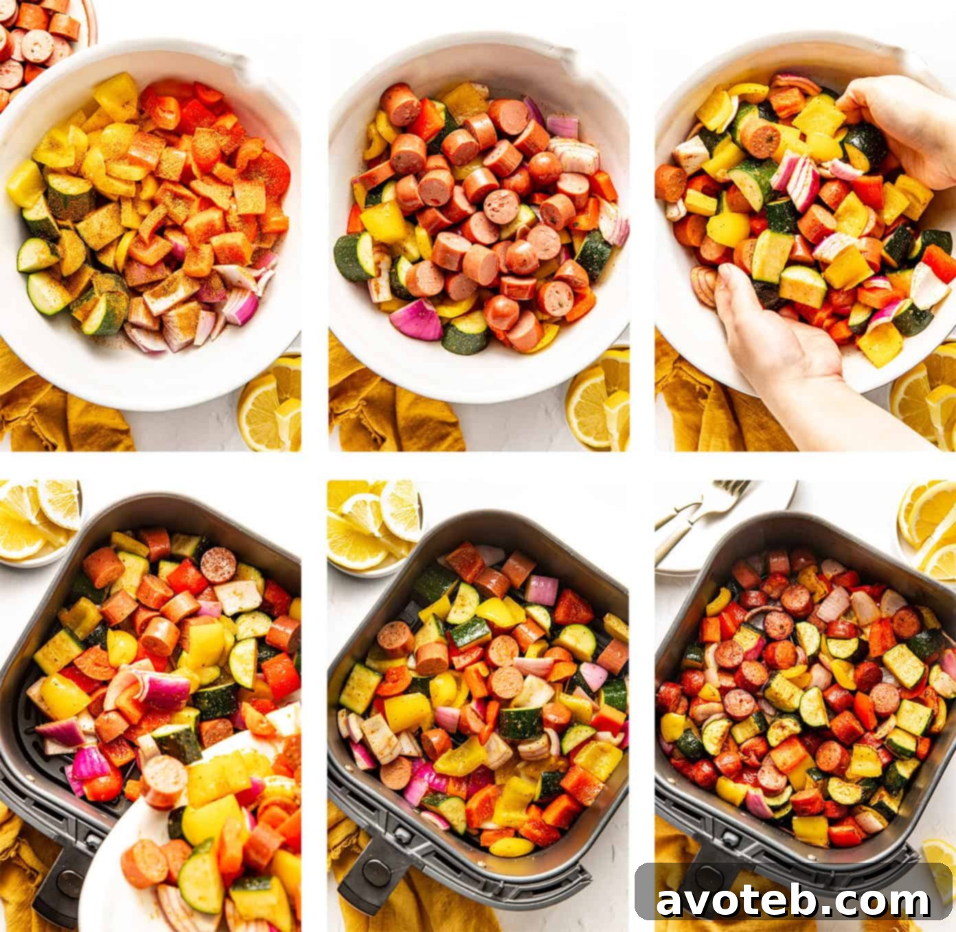 A person tossing the seasoned sausage and vegetables in a large mixing bowl.