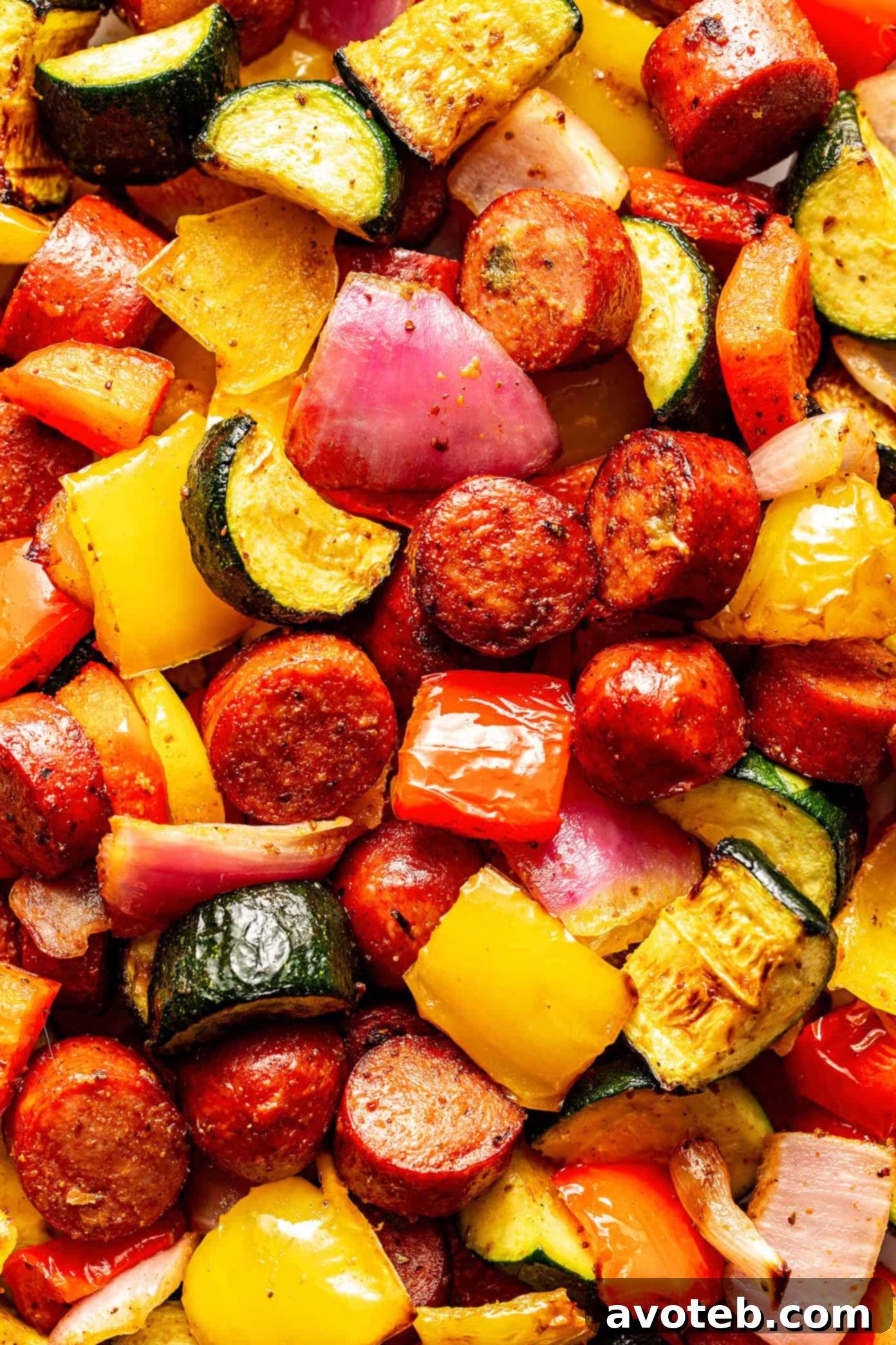 A final plated shot of the air fryer sausage and veggies, ready to eat.