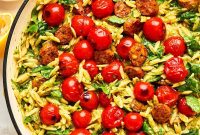 One-Pan Pesto Orzo with Sausage and Cherry Tomatoes