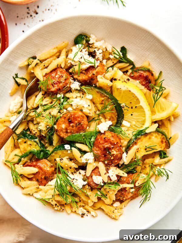 7 Trader Joe's Dinners for a Weeknight Meal Plan 13 Overhead shot of one-pan Mediterranean chicken sausage orzo in a bowl